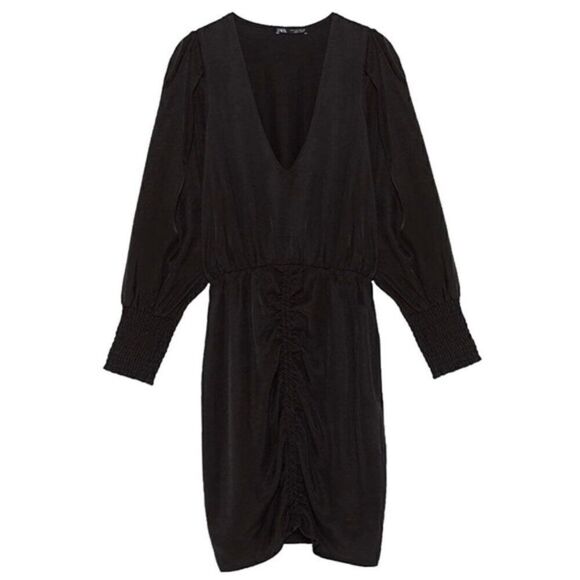Like New Zara Voluminous Ruching Smocked Balloon Sleeves Side Zipper Black Dress - Picture 4 of 12